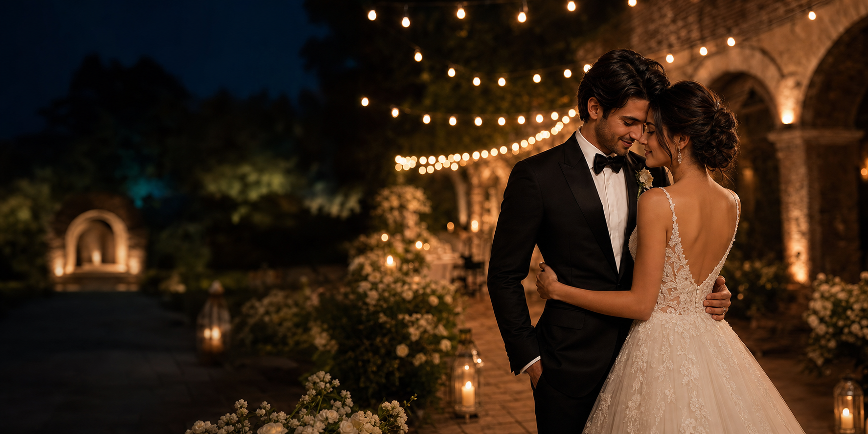 Pareja de novios en una recepcion elegante con luces calidas